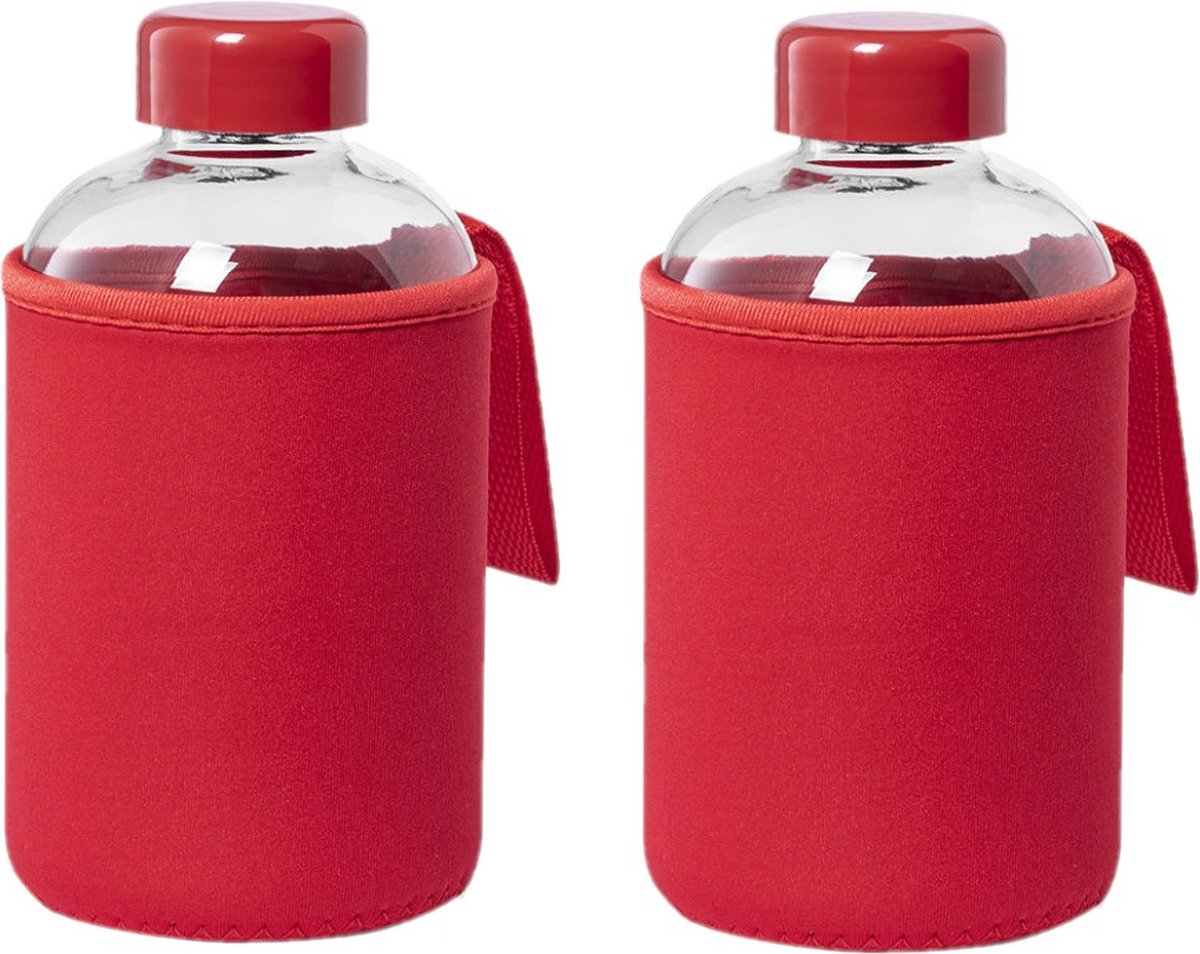 4x Stuks glazen waterfles/drinkfles met rode softshell bescherm hoes 600 ml - Sportfles - Bidon