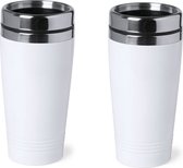 3x stuks warmhoudbeker/warm houd beker metallic wit 450 ml - RVS Isoleerbeker/thermosbekers reisbekers voor onderweg