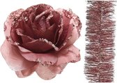 Kerstversiering kunststof glitter bloemen op clip 14 cm en folieslingers pakket oud roze van 5x stuks - Kerstboomversiering