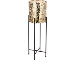 Luxe plantenpot/bloempot goud van 14 x 15 cm op een zwarte metalen standaard met een hoogte van 45 cm