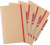 Set van 4x stuks nature look schriften/notitieboekje met rood elastiek A5 formaat - blanco paginas - opschrijfboekjes - 60 paginas