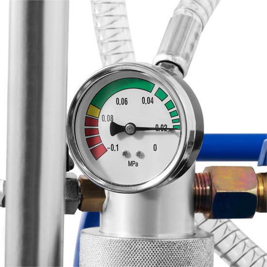 Manometer met groen, geel en rood indicatiebereik, met de naald op het groene gedeelte, met een bereik tot 0.1 MPa.