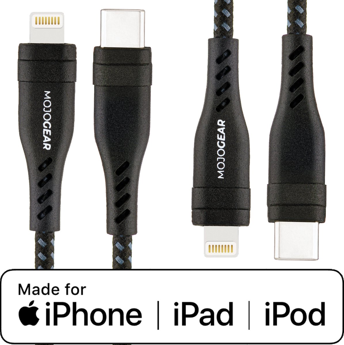 2x MOJOGEAR Lightning naar USB-C kabel Extra Sterk - 15 meter kabel nylon - Voor iPhone 11/12/13/14 - Zwart/Donkergrijs [DUOPACK]