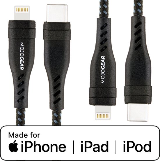 2x MOJOGEAR Lightning naar USB-C kabel Extra Sterk - 1,5 meter kabel nylon - Voor iPhone 11/12/13/14 - Zwart/Donkergrijs [DUOPACK]