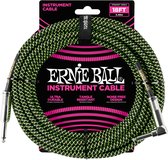 Ernie Ball 6082 geweven gitaar kabel 5,5 meter zwart/groen 1x haaks, 1x recht jack 6,35 mm