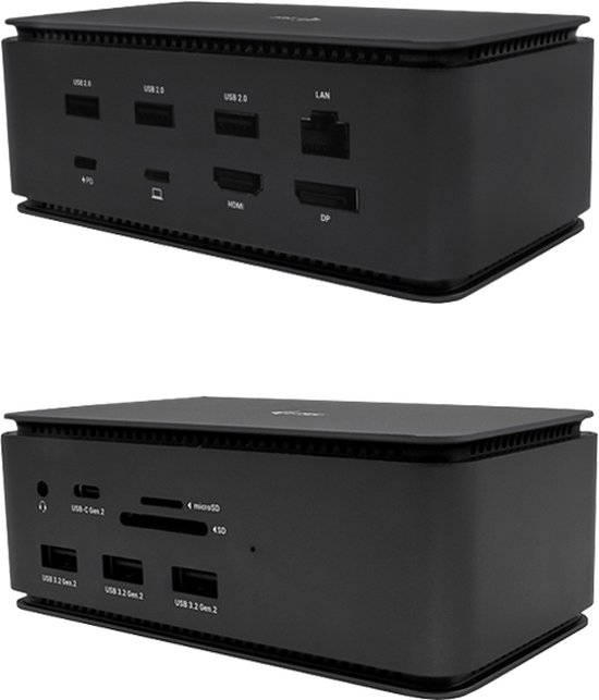 i-Tec portable USB-C Multipoort hub HDMI+DP met ingang voor aansluiten van een externe Oplader.