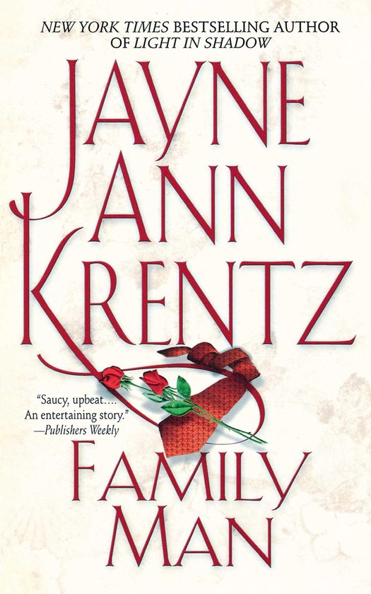 Boek 'Family Man' van Jayne Ann Krentz, met rode sierletters en een rode das met patroon.