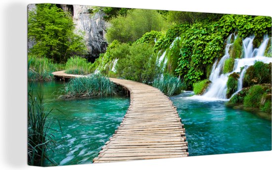 Canvas - Waterval - Brug - Rots - Wanddecoratie - Canvas schilderij - Schilderijen woonkamer - Slaapkamer - 80x40 cm - Houten frame