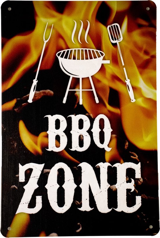Wandbord - BBQ zone - Metalen wandbord - Mancave - Mancave decoratie - Metal sign - Retro - Barbecue - Metalen bord - Wandbord - 20 x 30cm - Metalen borden - Decoratie - UV bestendig - Bar decoratie