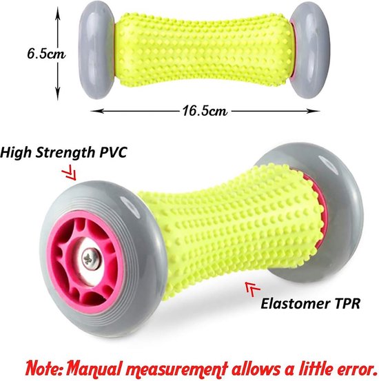 Voetmassage roller met noppen, grijze wielen en roze details. Afmetingen 16,5 x 6,5 cm. Gemaakt van PVC en TPR elastomeer.