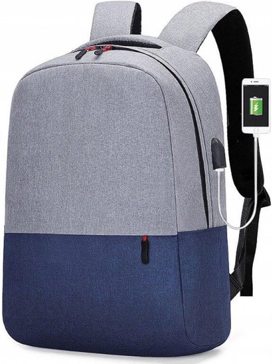 Rugzak - Rugtas met USB poort En Kabel- Sporttas - Laptop tas - Rugzak Grijs / Marine Blauw - Schooltas - Casual Backpack