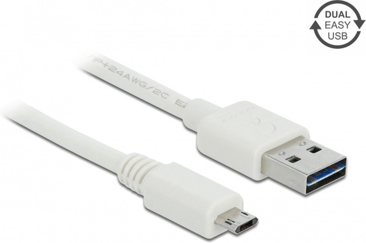 Easy-Micro USB naar Easy-USB-A kabel - USB2.0 - tot 2A / wit - 1 meter