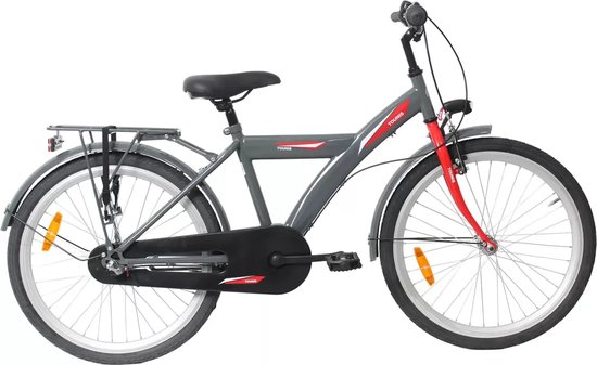 Grijze kinderfiets van Tounis met rode accenten op het frame en de voorvork. Met bagagedrager en een zwarte kettingkast.