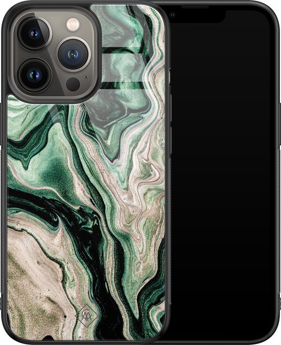 Coque iPhone 13 Pro verre - Marbre vert / Marbre - Vert - Hard Case Zwart - Coque arrière pour téléphone - Water - Casimoda