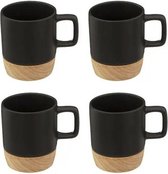 Set de 4 x tasses à café/tasses à thé faïence noire 120 ml dessous de verre bambou