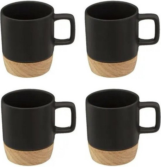 Set de 4 x tasses à café/tasses à thé faïence noire 120 ml dessous de verre  bambou | bol.com