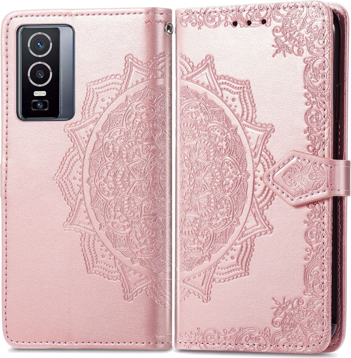 Mobigear Telefoonhoesje geschikt voor Vivo Y76 Hoesje | Mobigear Mandala Bookcase Portemonnee | Pasjeshouder voor 3 Pasjes | Telefoonhoesje voor Pinpas / OV Kaart / Rijbewijs - Roségoud