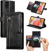 LuxeBass Hoesje geschikt voor Samsung Galaxy A42 5G - Boekhoesje - Zwart - Vintage portemonne hoes met ritssluiting - telefoonhoes - gsm hoes - telefoonhoesjes