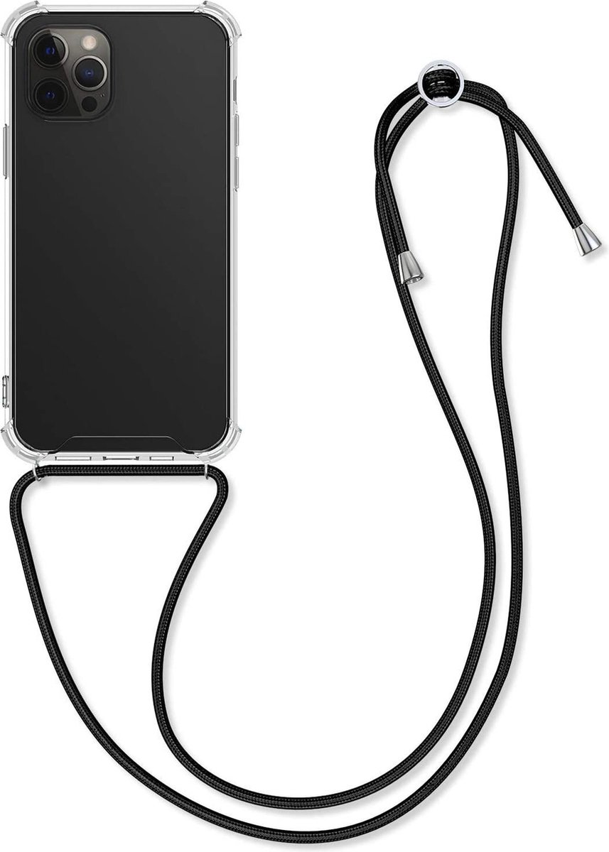 RNZV - Iphone 13 pro max telefoonhoesje met koord - TRANSPARANT - zwarte koord