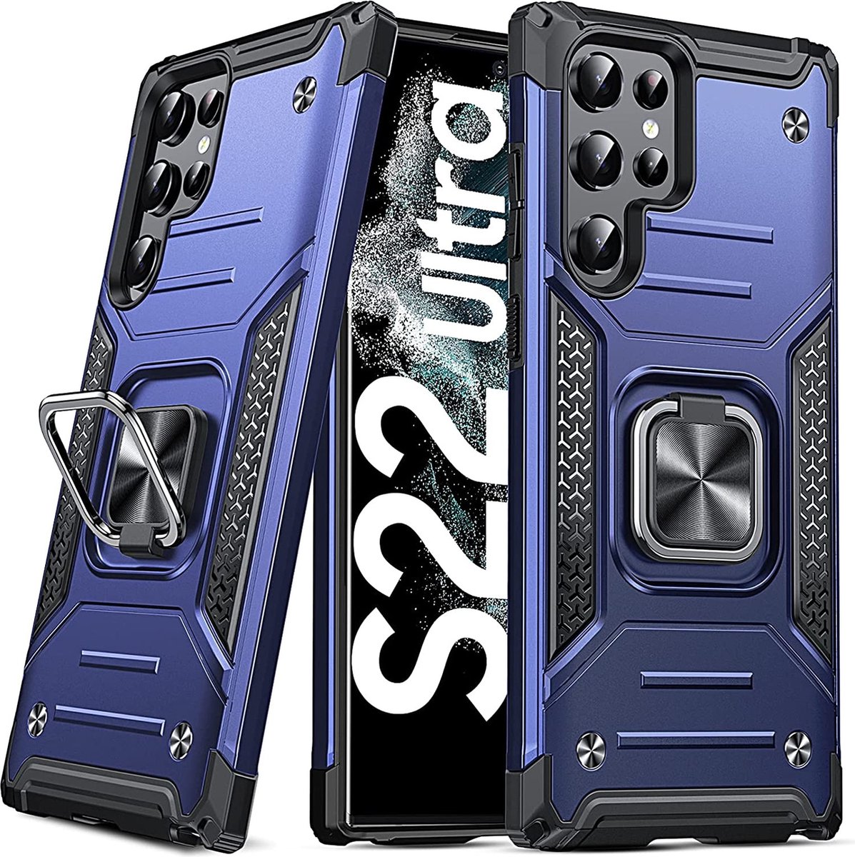 Hoesje Geschikt Voor Samsung Galaxy S22 Ultra Hoesje Heavy Duty Armor Hoesje Blauw - Galaxy S22 Ultra Case Kickstand Ring cover met Magnetisch Auto Mount