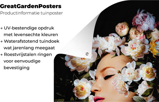 Tuinposter 40x60 cm - Tuindecoratie Vrouwen - Bloemen - Rozen - Portret - Poster voor in de tuin - Buiten decoratie - Schutting tuinschilderij - Tuindoek muurdecoratie - Wanddecoratie balkondoek