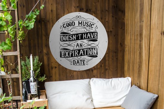 Tuincirkel Muziek - Retro - Wit - 90x90 cm - Ronde Tuinposter - Buiten