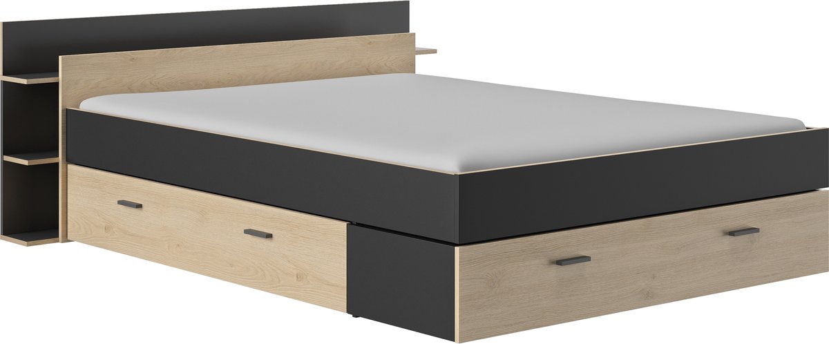 Bed met opbergruimte Eveline 160x200 - zwart/kastanjehout - Gautier - Gami - Tweepersoons bedkader - Zwart - Spaanplaat Tweepersoons Normaal bed