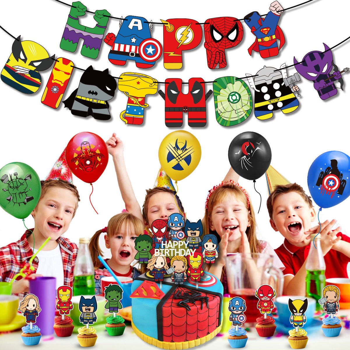 Super-héros Spiderman Birthday Party Décoration Balloon Cake Toppers  Bannière d'anniversaire Flag Ribbons Set