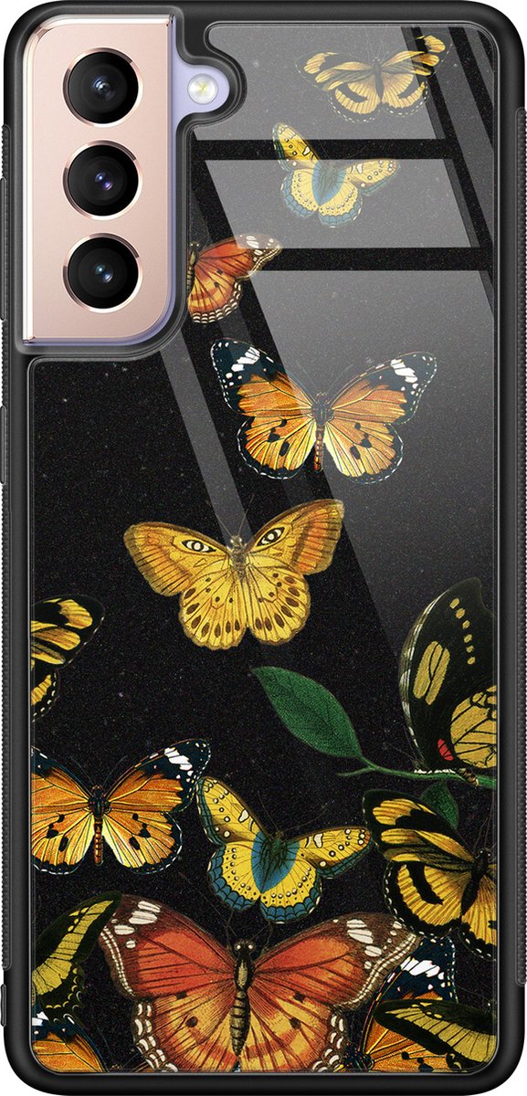 Leuke Telefoonhoesjes - Hoesje geschikt voor Samsung Galaxy S21 - Vlinders - Hard case - Print / Illustratie - Zwart, Goud