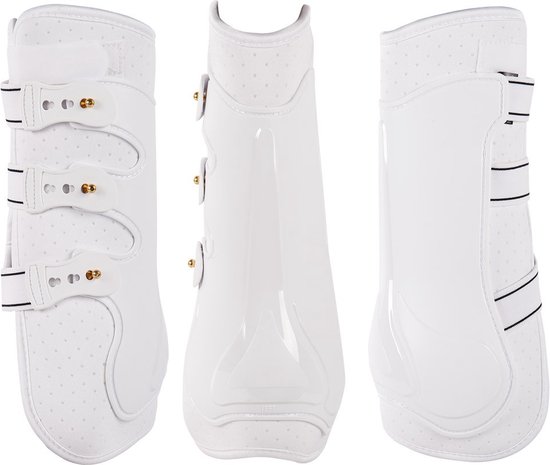 Set van drie witte peesbeschermers, van voren en van de zijkant bekeken.