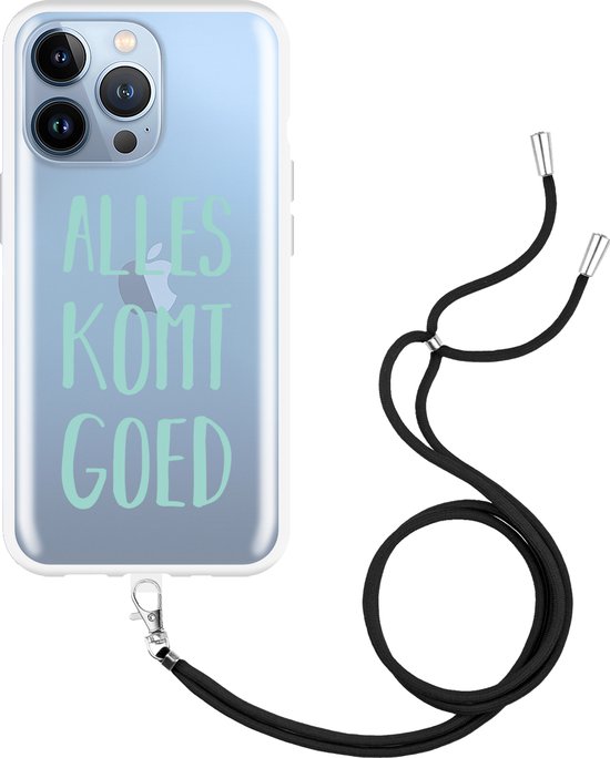 iPhone 13 Pro Max hoesje met grijs koord - Marmer lichtblauw
