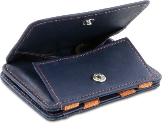 Hunterson compacte Portemonnee voor heren en dames uit leder, Kaarthouder met RFID-bescherming, Portefeuille met muntvak en plaats voor 6 kaarten, Magic Wallet, Blauw-Oranje