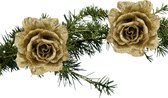 Kerstboom bloemen op clip- 2x stuks - goud glitter - kunststof - 10 cm