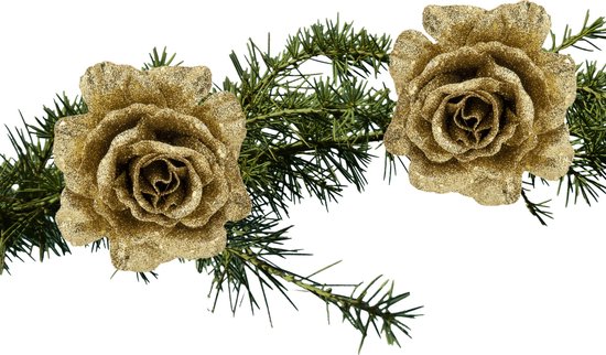 Kerstboom bloemen op clip- 2x stuks - goud glitter - kunststof - 10 cm |  bol.com