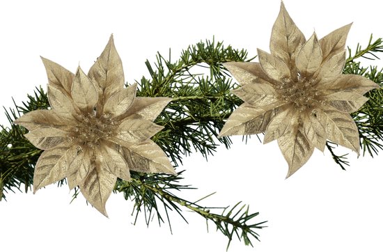 Kerstboom bloemen op clip - 2x stuks - goud glitter - kunststof - 18 cm