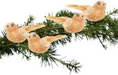 4x stuks kunststof decoratie vogels op clip caramel bruin 12 cm - Decoratievogeltjes - Kerstboomversiering
