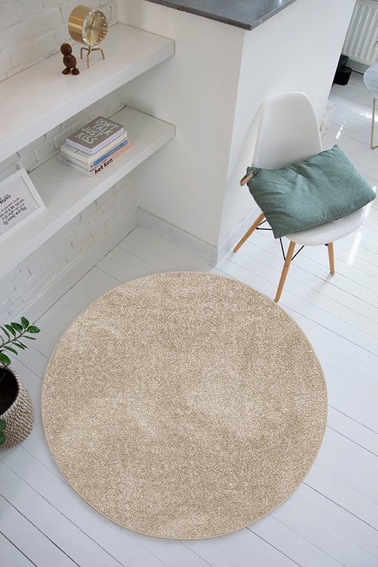 Tapis Studio Santa Fe Tapis Rond Ø 130cm - Tapis Poils Ras Salon - Tapis Chambre - Tapis Beige