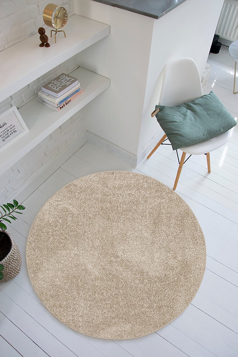 Carpet Studio Maine Vloerkleed Rond Ø 130cm - Laagpolig Tapijt Woonkamer - Tapijt Slaapkamer - Kleed Beige