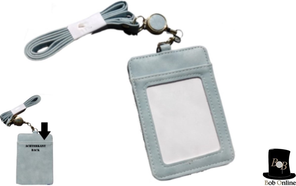 Bob Online ™ - Kunstleer – Blauw/Grijs – Verticaal - ID-Badgehouder met Intrekbare Lanyard – 2 Kaartsleuven – Premium PVC Lederen ID-Kaarthouder – Easy Swipe ID-houder voor werk-ID, Treinkaart of toegangspasje – PVC Leather ID Badge Holder - ID Yoyo