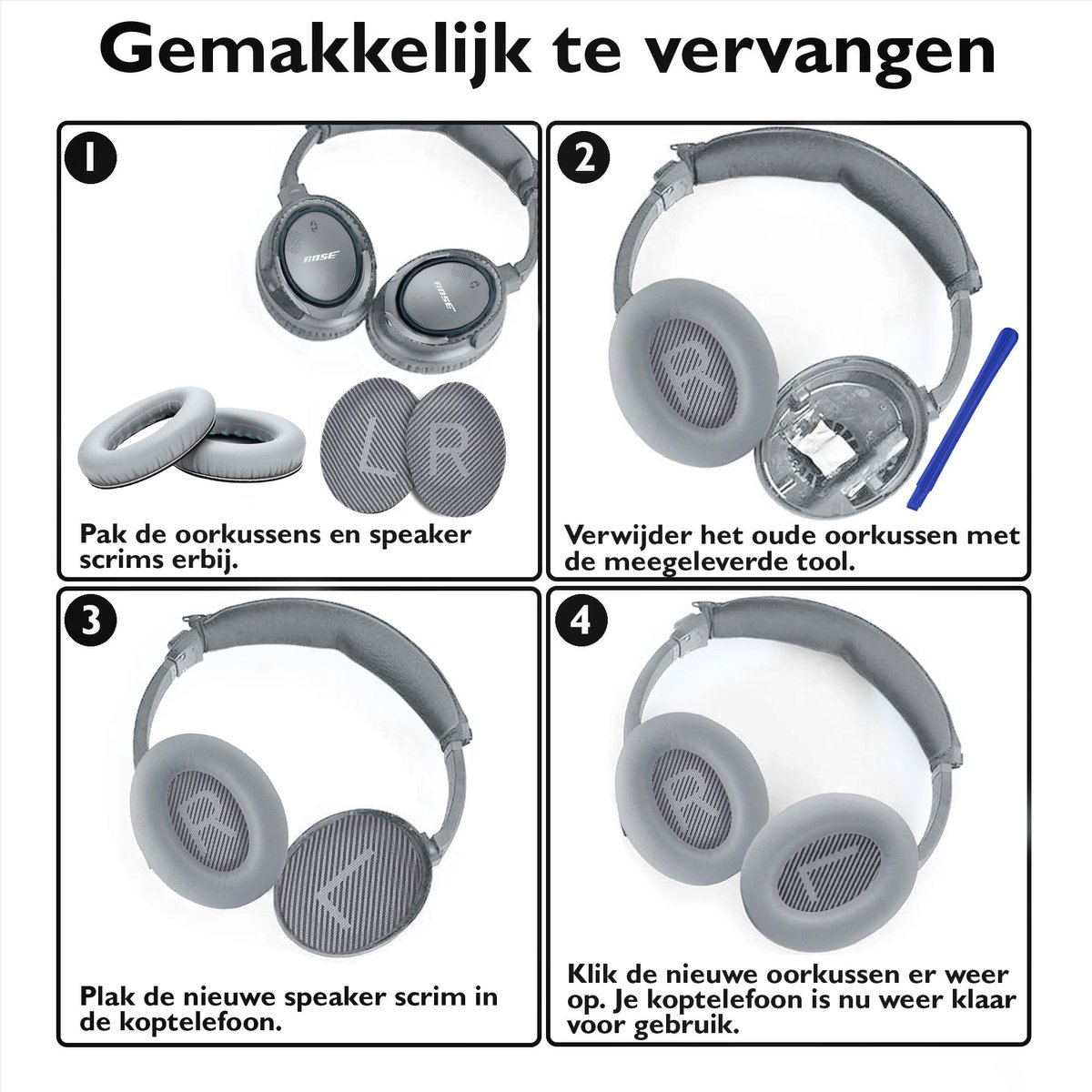 Set Oorkussens voor Bose Koptelefoon met installatie gereedschap - Grijs - QuietComfort 35 - QC35II - QC35 - QC25 - QC15 - QC2 - Soundtrue - Soundlink Around-Ear II AE2 – foto 5