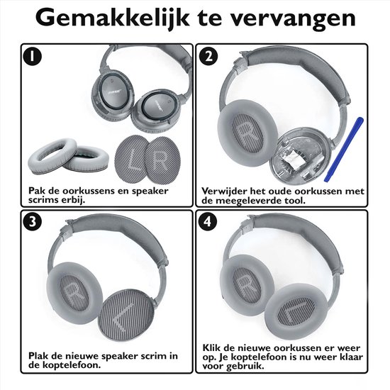 Instructies in 4 stappen om oorkussens te vervangen, met tool.