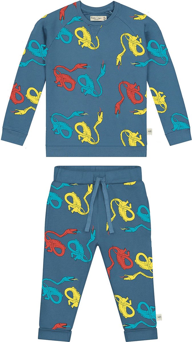 Smitten Organic - 'Dragons in Camping' All Over Print Set in Vivid Denim kleur
