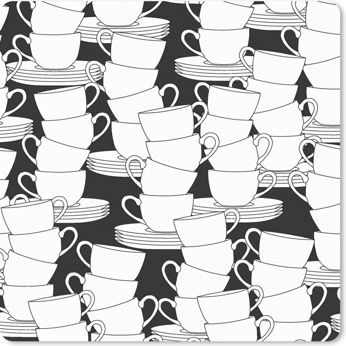 Muismat 30x30 cm - Mousepad Patronen - Zwart wit - Kopjes - Thee - Muismatten