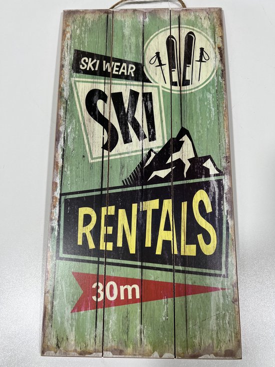 Houten wandbord “Ski rentals 30 m”