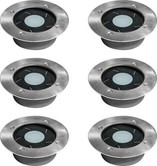 Set van zes KS Verlichting Puck Solar grondspots met zonnepaneel en LED, RVS.