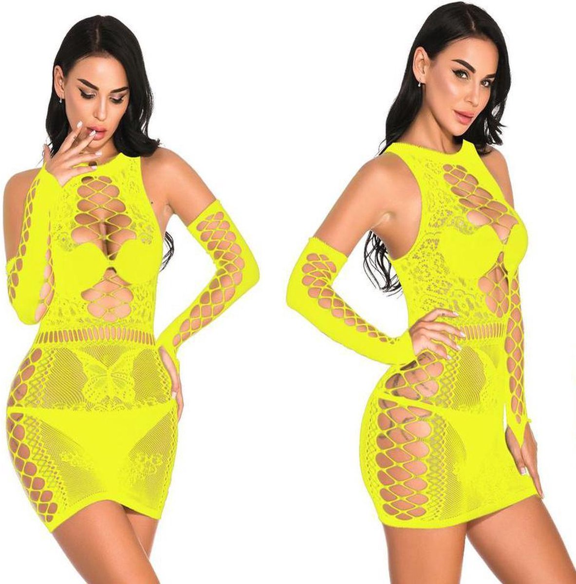 Goedkoopste Dames Lingerie Stretch Sexy Mini Dress met mouwen - Fluo geel - XXL one size (48-52