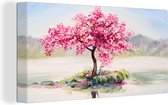 Canvas - Bloesemboom - Sakura - Olieverf - Water - Natuur - 40x20 cm - Schilderijen op canvas - Canvas doek - Muurdecoratie