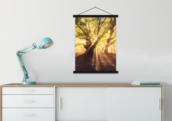 Porte-affiche avec affiche - Affiche scolaire - Arbre - Forêt - Soleil - 90x120 cm - Lattes noires