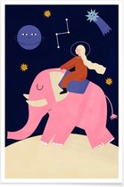 JUNIQE - Poster Elephant Ride -20x30 /Blauw & Roze