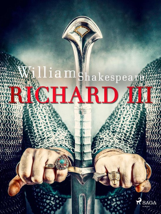 Titelpagina voor William Shakespeare's Richard III, met een zwaard en een man in maliënkolder.